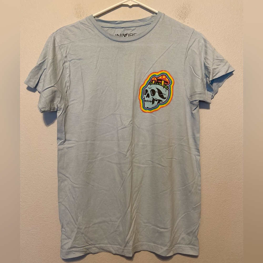 Univibe Small Baby Blue Short Sleeve T-shirt Skull & Mushrooms